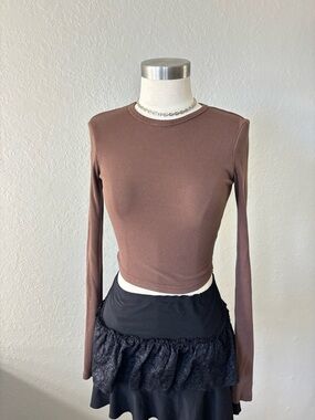 Meshki Brown Long Sleeve Ribbed Crop Top